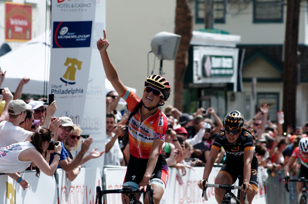 Female cyclist winning race